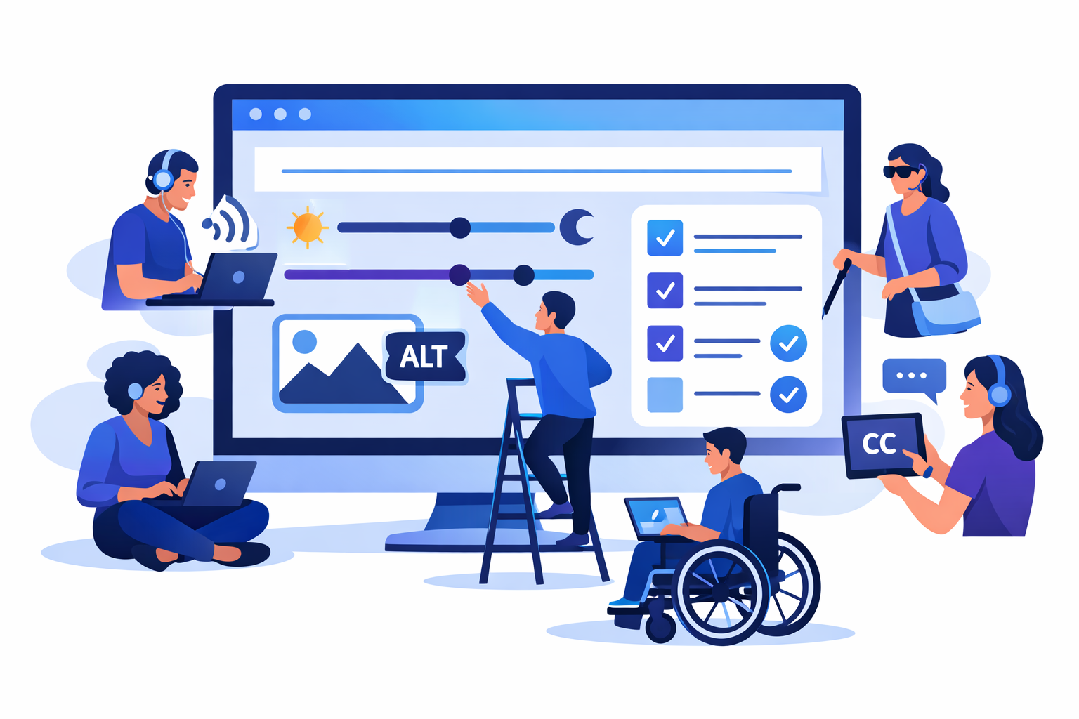 Ilustración de una persona ajustando encabezados, colores, imágenes y formularios en una web mientras usuarios diversos la utilizan, simbolizando los primeros pasos para mejorar la accesibilidad de un sitio.