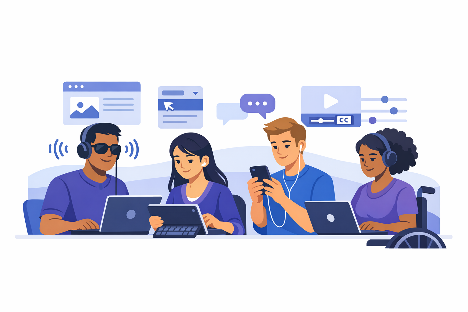 Ilustración de varias personas diversas usando portátiles y móviles con auriculares, subtítulos y otros elementos de interfaz, simbolizando la accesibilidad digital para diferentes formas de usar la tecnología.