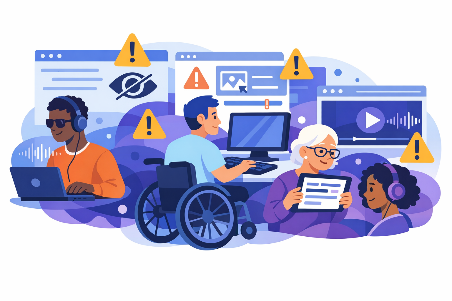 Ilustración de personas con distintos tipos de discapacidad usando dispositivos digitales y enfrentándose a barreras en webs y apps, simbolizando los obstáculos más habituales en accesibilidad digital.