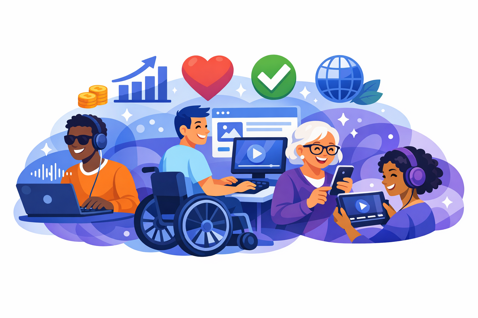 Ilustración de personas diversas usando sitios y apps accesibles junto a iconos de crecimiento, inclusión y cumplimiento, representando los beneficios de la accesibilidad digital para usuarios y organizaciones.