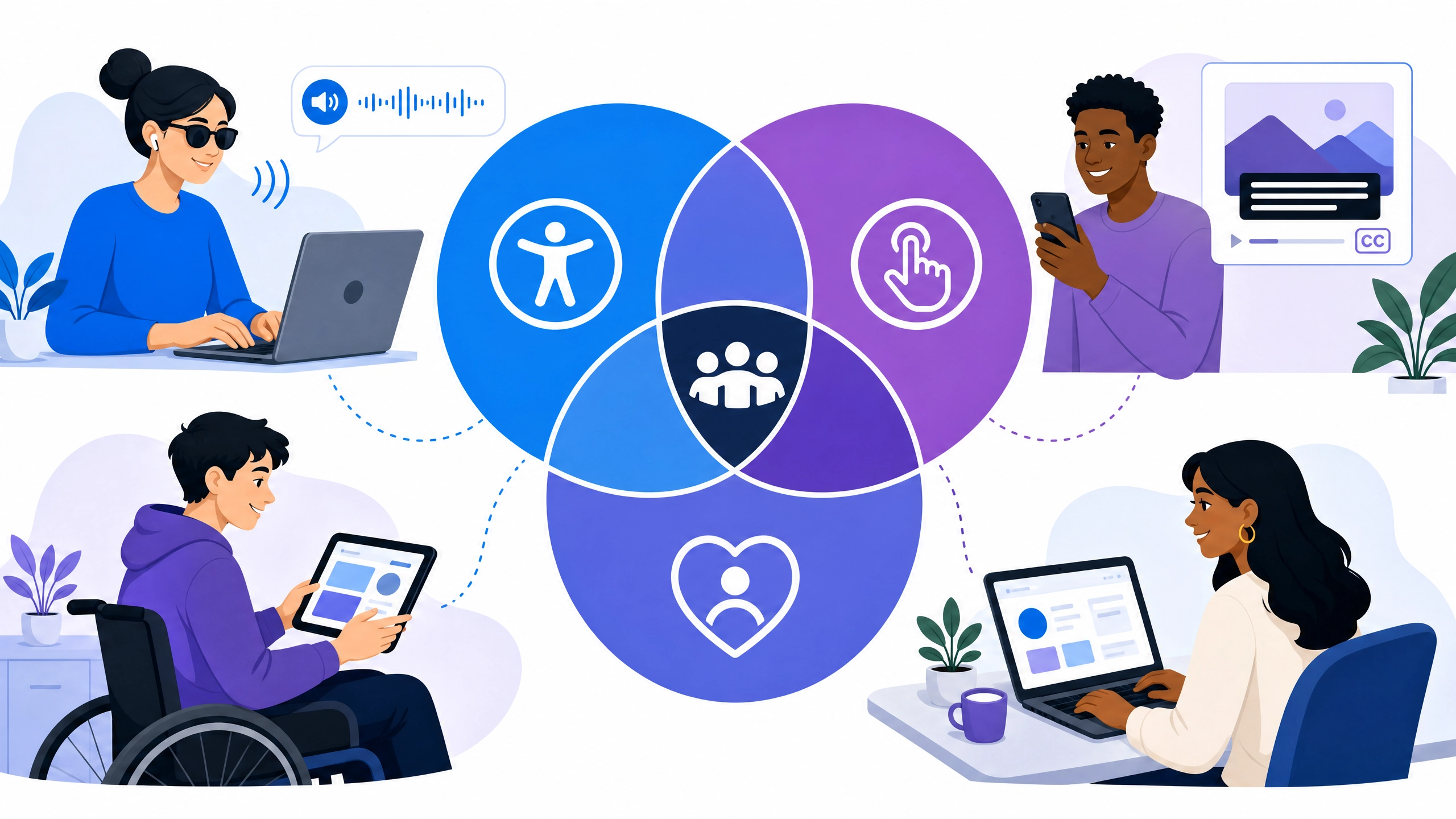 Ilustración de varias personas diversas usando dispositivos digitales, algunas con tecnologías de apoyo, simbolizando cómo accesibilidad, usabilidad e inclusión se combinan en el diseño de experiencias digitales.